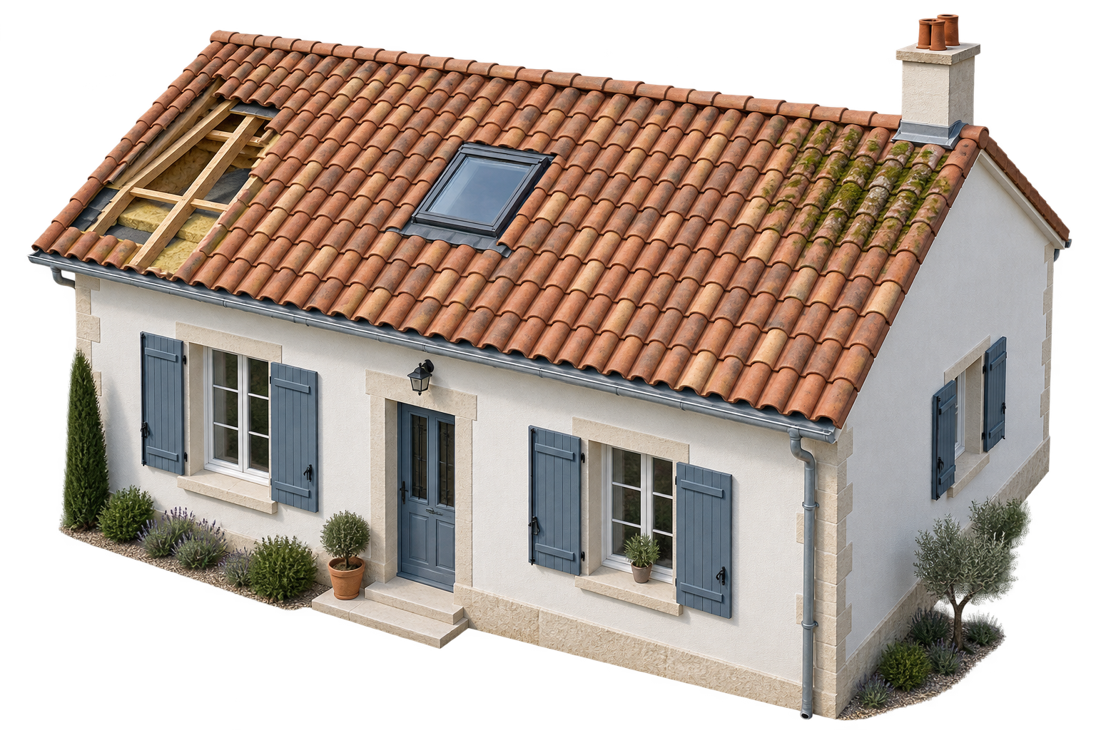 Illustration d’une maison : couverture, charpente visible, gouttière, fenêtre de toit, mousses et façade